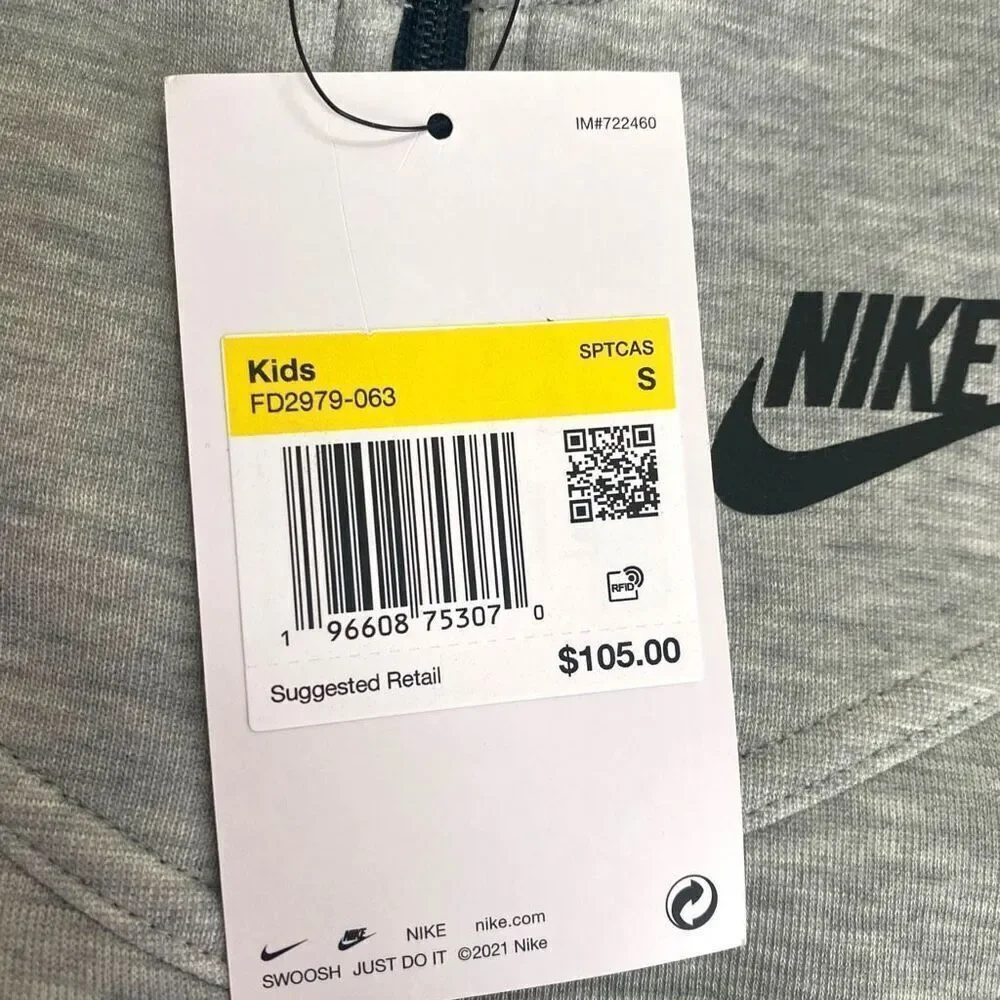 Nike Kids Sportswear Tech Fleece Full-Zip Gray Hooded Jacket size S FD2979-063